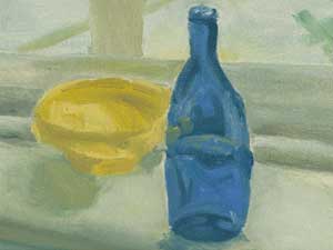 blue bottle and yellow bowl